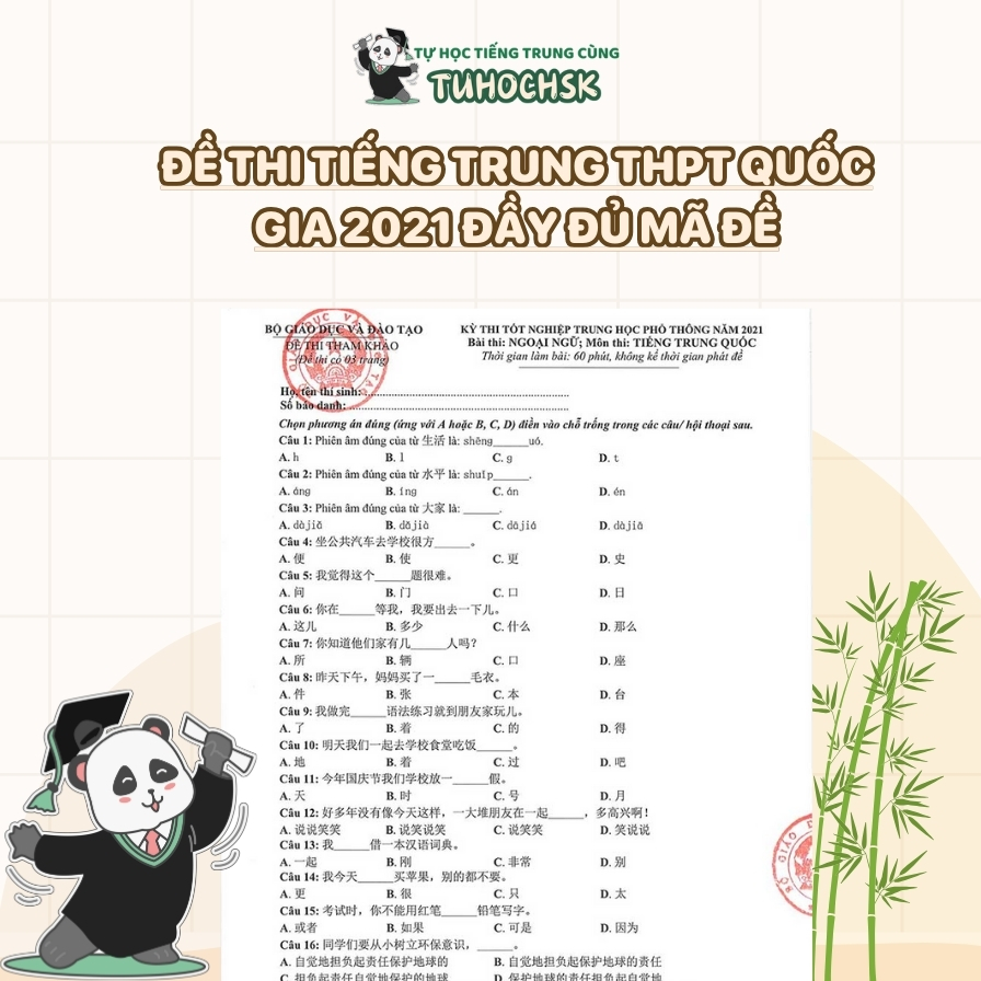 Đề thi tiếng Trung THPT Quốc gia 2021